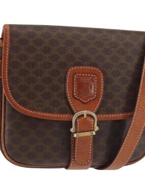 Authentic CELINE Macadam Canvas Shoulder Bag PVC Leather Brown Gold